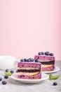 Homemade cake with souffle cream and blueberry jam with cup of coffee on gray and pink background. side view