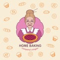 Homemade cake. Vector illustration, logo. An elderly woman with a homemade cake.