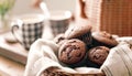 Homemade cakes, chocolate muffins in a vintage wicker basket. Generative Ai