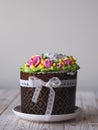 Homemade cakes Easter cake, anointed with cream and roses and decorated with a bow of lace ribbon.The confectionery treat Royalty Free Stock Photo