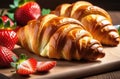 croissant with fresh strawberries, berry dessert for breakfast, French croissant sandwich