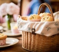 Homemade cakes, muffins in a vintage wicker basket. Generative Ai