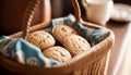 Homemade cakes, muffins in a vintage wicker basket. Generative Ai