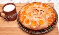 Homemade cakes. Pie with apricots.A cup of milk. Royalty Free Stock Photo