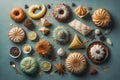 Homemade cakes on a solid colors background, top view. ai generative