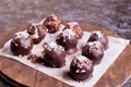 Homemade candies covered with chocolate and shredded coconut