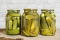 Homemade canned food. Pickled snacks for the winter. Pickled cucumbers with herbs and spices in glass jars Royalty Free Stock Photo