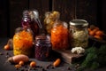 Homemade canned vegetables in glass jars, preparation of pickled products for the winter, AI Generated