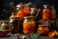 Homemade canned vegetables in glass jars, preparation of pickled products for the winter, AI Generated