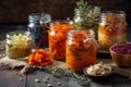 Homemade canned vegetables in glass jars, preparation of pickled products for the winter, AI Generated Royalty Free Stock Photo