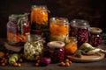 Homemade canned vegetables in glass jars, preparation of pickled products for the winter, AI Generated