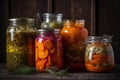 Homemade canned vegetables in glass jars, preparation of pickled products for the winter, AI Generated