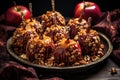 homemade caramel apples with nuts on tray Royalty Free Stock Photo