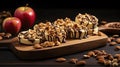 Homemade caramelized apples with nuts and chocolate on a wooden background Generative AI