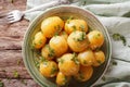 Homemade caramelized new potatoes close-up on a plate. horizontal top view Royalty Free Stock Photo