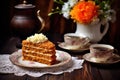 homemade carrot cake with a cup of tea