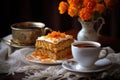 homemade carrot cake with a cup of tea
