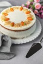 Homemade carrot cake made with walnuts, iced with cream cheese. Sweet dessert Royalty Free Stock Photo