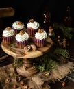 Homemade carrot or pumpkin cupcakes with white cream and walnut on top Royalty Free Stock Photo