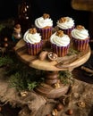 Homemade carrot or pumpkin cupcakes with white cream and walnut on top Royalty Free Stock Photo