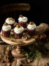 Homemade carrot or pumpkin cupcakes with white cream and walnut on top Royalty Free Stock Photo