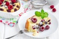 Homemade casserole with cottage cheese, semolina and raspberries, horizontal