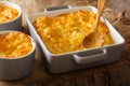 Homemade casserole mac and cheese in a baking dish close-up. horizontal