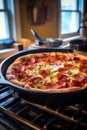 homemade cast iron skillet pizza in the oven