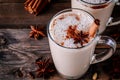 Homemade Chai Tea Latte with anise and cinnamon stick in glass mugs