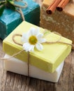 Soap bars chamomile, closeup view. Natural herbal beauty products Royalty Free Stock Photo