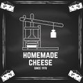 Homemade cheese badge design on the chalkboard. Template for logo, branding design with cheese molds and press. Vector