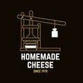 Homemade cheese badge design. Template for logo, branding design with cheese molds and press. Vector illustration. Hand