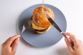 Homemade cheeseburger cut by a man with cutlery with a knife and fork on a gray plate on a white background. Hands in Royalty Free Stock Photo