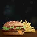 Homemade cheeseburger side view and french fries on wooden table have blurred night life with bokeh effect