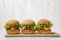 Homemade cheeseburgers on a bamboo board, side view. Close-up