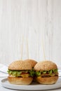 Homemade cheeseburgers on grey plate on white wooden background, side view