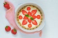 Homemade cheesecake in a baking dish on the white background. Vegetarian healthy raw tart decorated with mint leaves Royalty Free Stock Photo