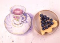 Homemade cheesecake decorated with blueberry over on watercolor drawing background. Top view