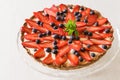 Homemade cheesecake decorated with organic strawberries, blueberries and fresh mint and cream. Nice pie for a holiday