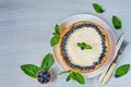 Homemade cheesecake with fresh berries on the white plate decorated with blueberries, mint leaves on the gray table Royalty Free Stock Photo