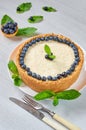 Homemade cheesecake with fresh berries on the white plate decorated with blueberries, mint leaves, knife and fork Royalty Free Stock Photo