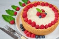 Homemade cheesecake with fresh berries on the white plate decorated with raspberries and blueberries, mint on the gray background Royalty Free Stock Photo