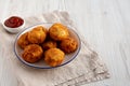 Homemade Cheesy Chicken Nuggets with Ketchup, side view. Copy space Royalty Free Stock Photo