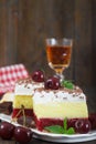 Homemade cherry cake with vanilla and whipping cream on wooden table. Royalty Free Stock Photo