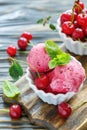 Homemade cherry ice cream in a white bowl. Royalty Free Stock Photo