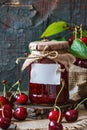 Homemade Cherry Jam in Glass Jar with Fresh Cherries on Wooden Table Royalty Free Stock Photo
