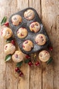 Homemade cherry muffins in cupcake liners and fresh cherries in the background. Vertical top view Royalty Free Stock Photo