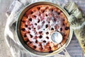 Homemade Cherry pie on round serving board. Royalty Free Stock Photo