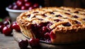 Homemade cherry pie on rustic wooden table with fresh cherries and vintage checkered cloth