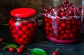 Homemade cherry preserves in a glass jar and fresh pitted red cherries preserved in sugar syrup. Canned organic food Royalty Free Stock Photo